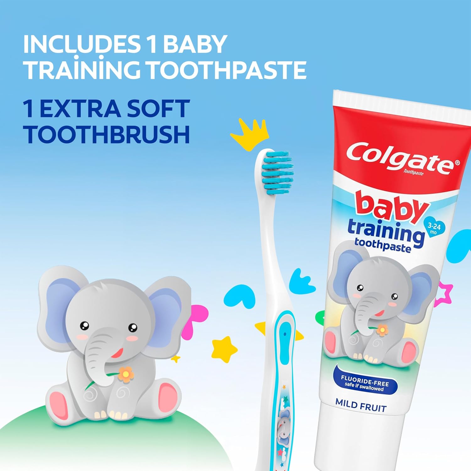 Colgate Baby Toothbrush and Baby Training Toothpaste, First Toothbrush for Ages 3-24 Months with Extra Soft Bristles, Mild Bubblefruit Flavor, Fluoride Free and Sugar Free Formula, Safe if Swallowed