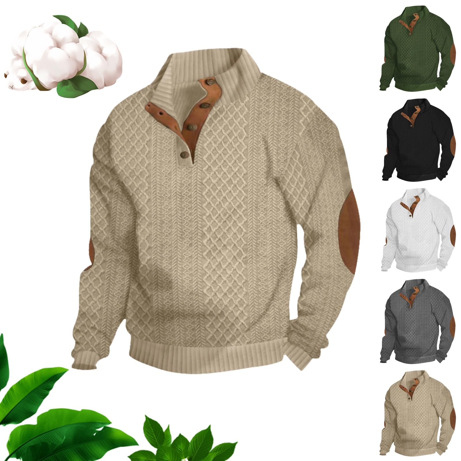 MGHN Dudlle Men's Cashmere Sweaters, Mens Knit Pullover Sweater, Men's Casual Stand Cashmere Button Long Sleeve Sweater(Khaki,3XL)