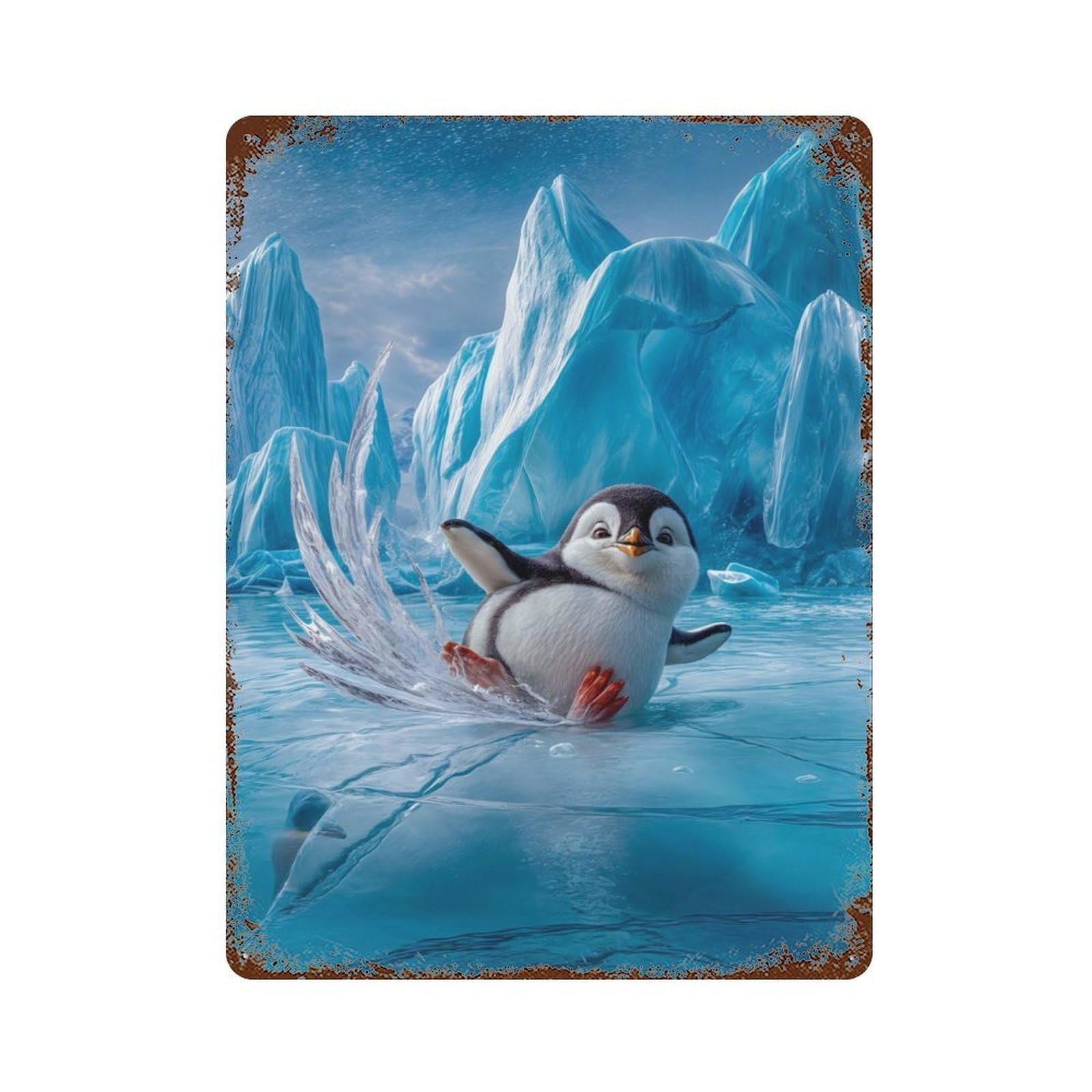 Penguin Slipping on Ice Rust Effect Tin Sign 15.7"x11.8", Vintage Wall Decor for Garage, Pub Or Kitchen