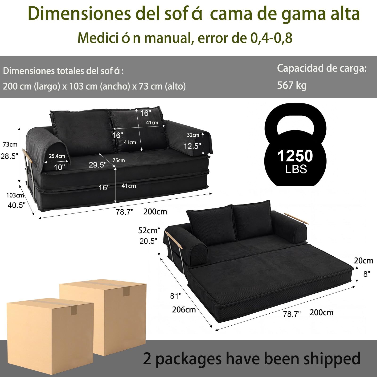 Vipbear 200cm Sofá Cama, Modular Desmontable Plegable 5 en 1, de Pana de Primera Calidad, Sofá Cama 3 Plazas Ideal para Espacios Reducidos, Negro