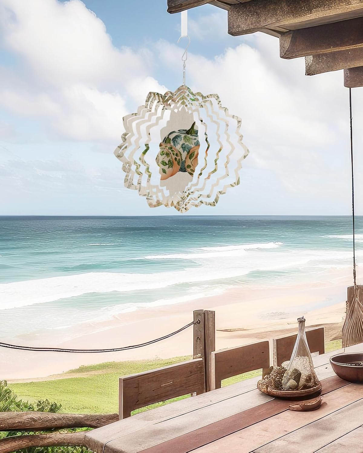 Thanksgiving Pumpkins Wind Spinner 3D Stainless Steel, 12 in Lotus Shape Double Sided Circle Hanging Wind Spinners, Fall Autumn Color Plaid Floral Garden Art Wind Sculpture for Yard Porch