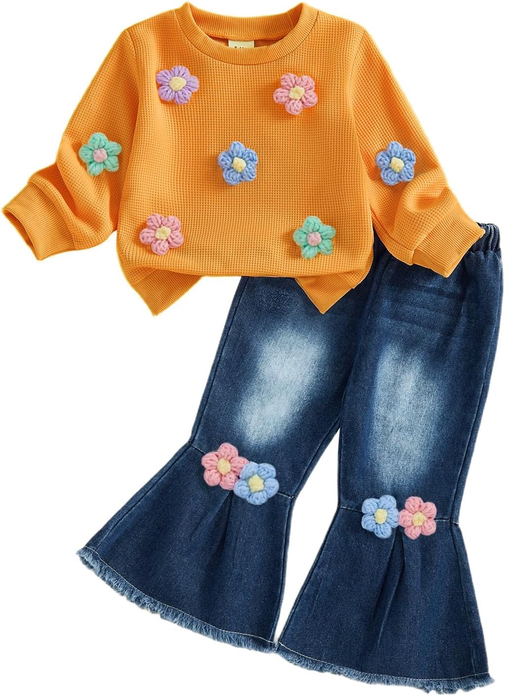 FYBITBO Toddler Baby Girl Clothes Fall Winter Baby Girl Outfit Floral Crewneck Sweatshirt Bell Bottom Jeans Pants Set