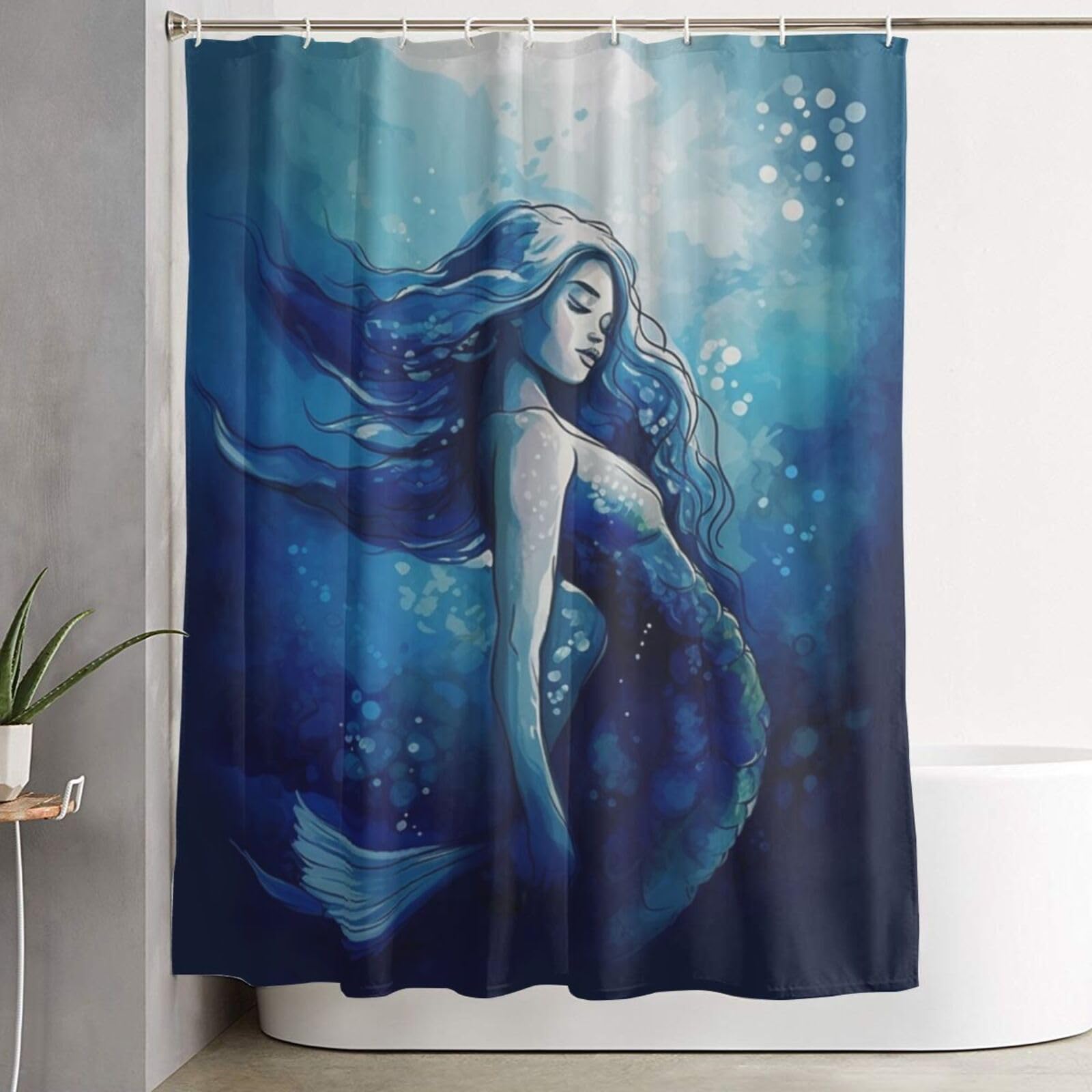 Rideau de douche sirène bleue imperméable 182x152 cm avec 12 crochets pour salle de bain