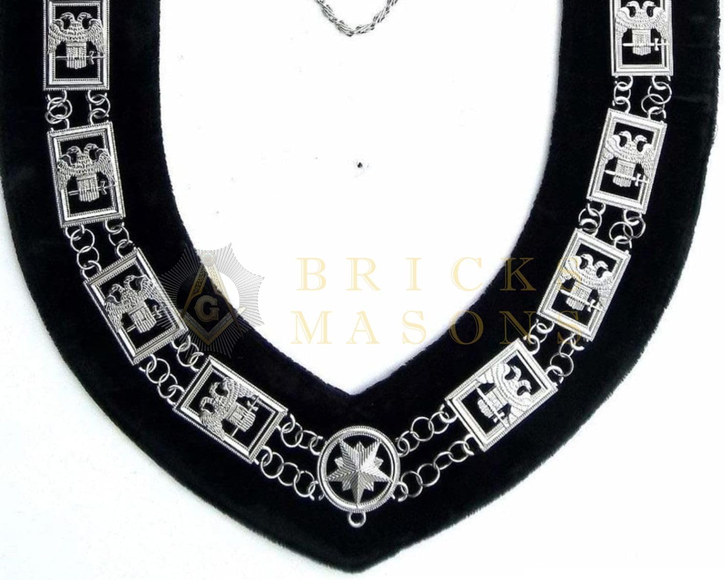 BRICKS MASONS 32nd Degree - Scottish Rite Wings DOWN Chain Collar - Gold/Silver on Black