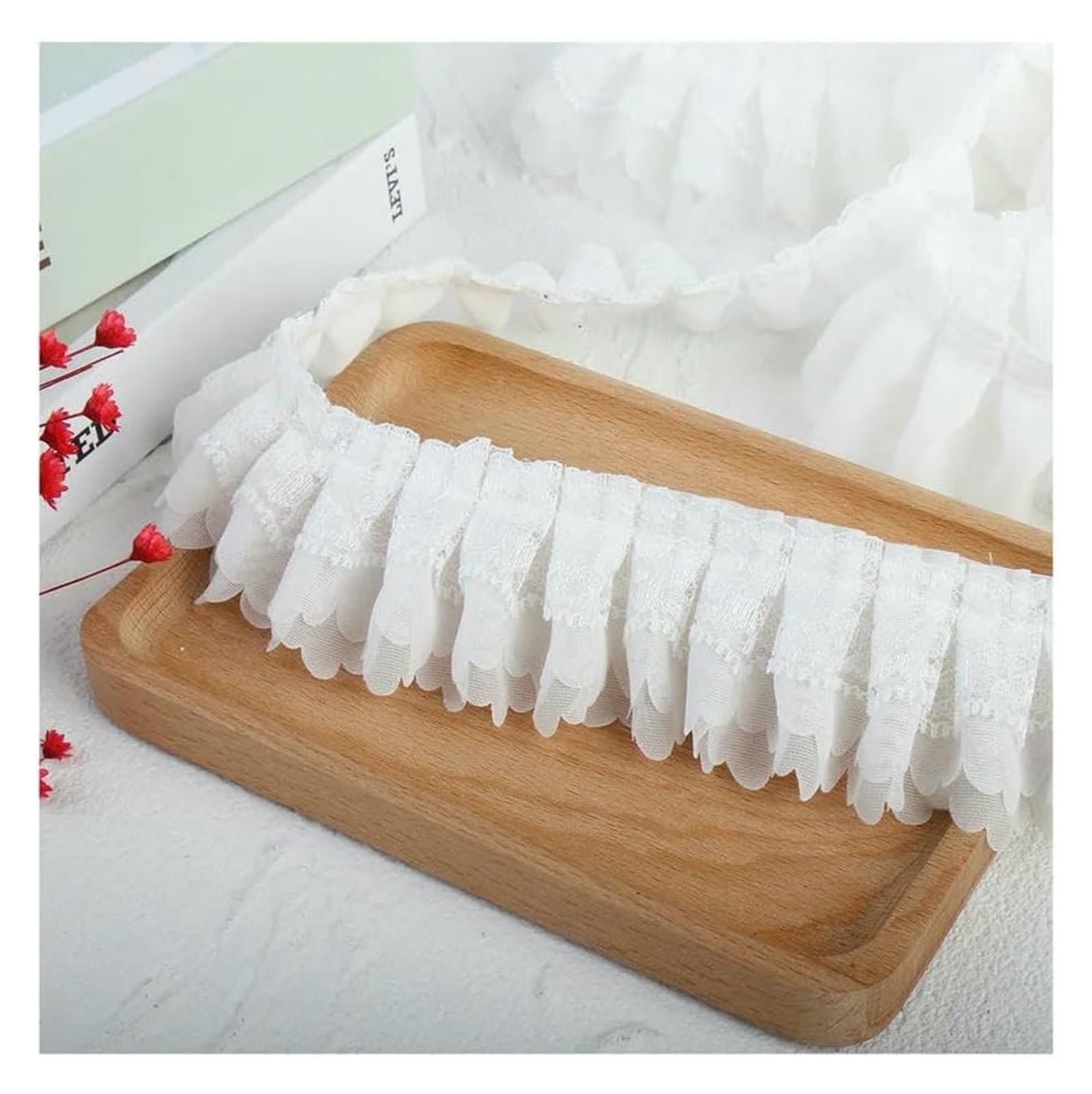 Szycie koronkowych wykończeń, Potargane plisowane koronkowe wykończenia, szyfonowa organza, 3-warstwowa spódnica/materiał pościelowy(4yards)
