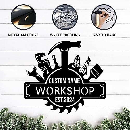 Miniatura 5 de Letrero de taller personalizado, arte de pared de herramientas de carpintero, decoración de taller de metal personalizada, arte de pared de