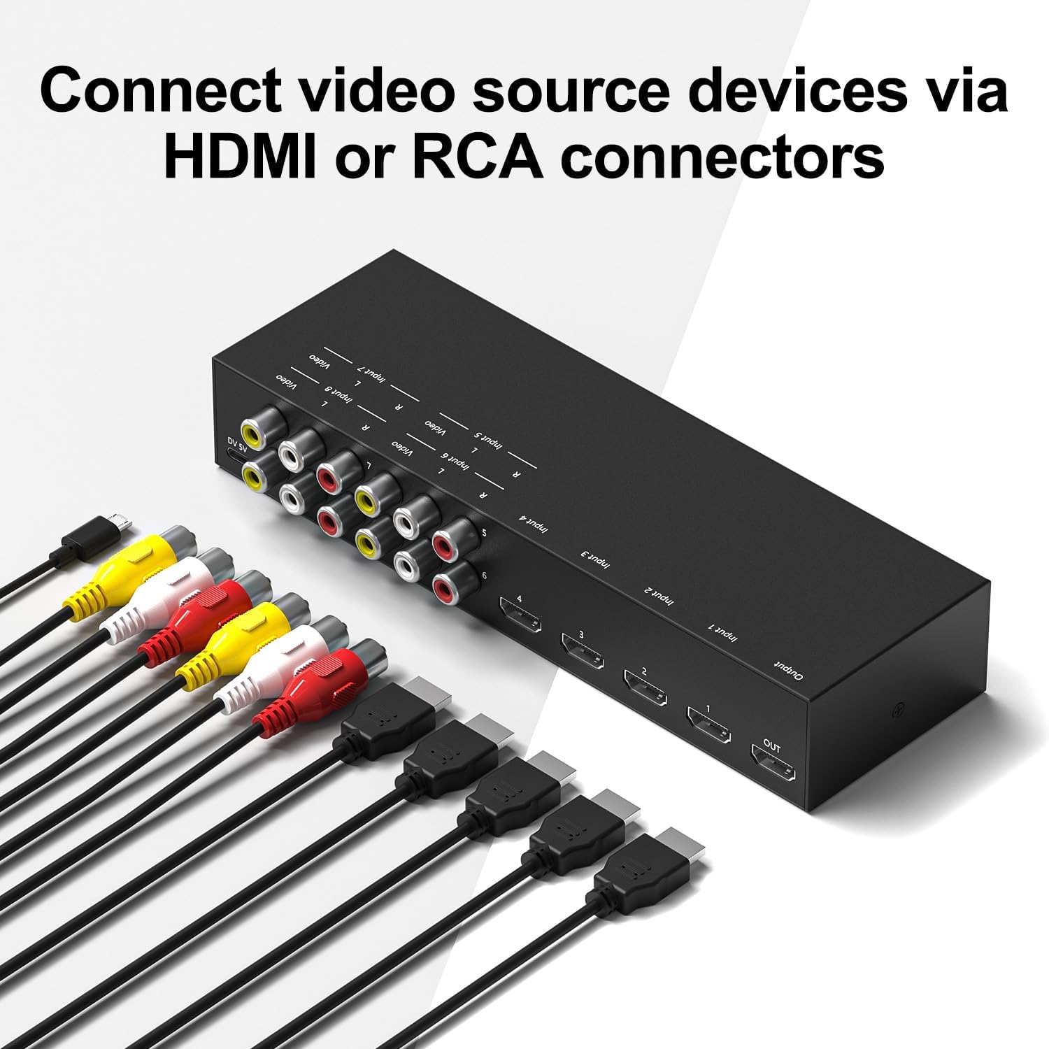 8 in to 1 Out RCA/HDMI Switcher，4 Way HDMI 2.0 + 4 RCA to HDMI Converter，4:3/16:9 Switcher Support 4K and 3D for PS1/2/3/4/5, N64, SNES, Switch, DVD, Roku, Fire Stick，etc.