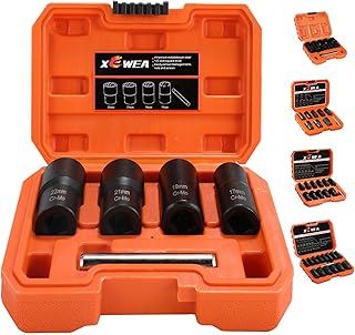 XEWEA Bolt Nut Extractor Set, 5PCS 1/2 Drive Easy Out Broken Wheel Tire Lug Nut Extraction/Remover Socket Set for Damaged, Frozen,Studs, Rounded Stripped Bolts & Nuts Screws
