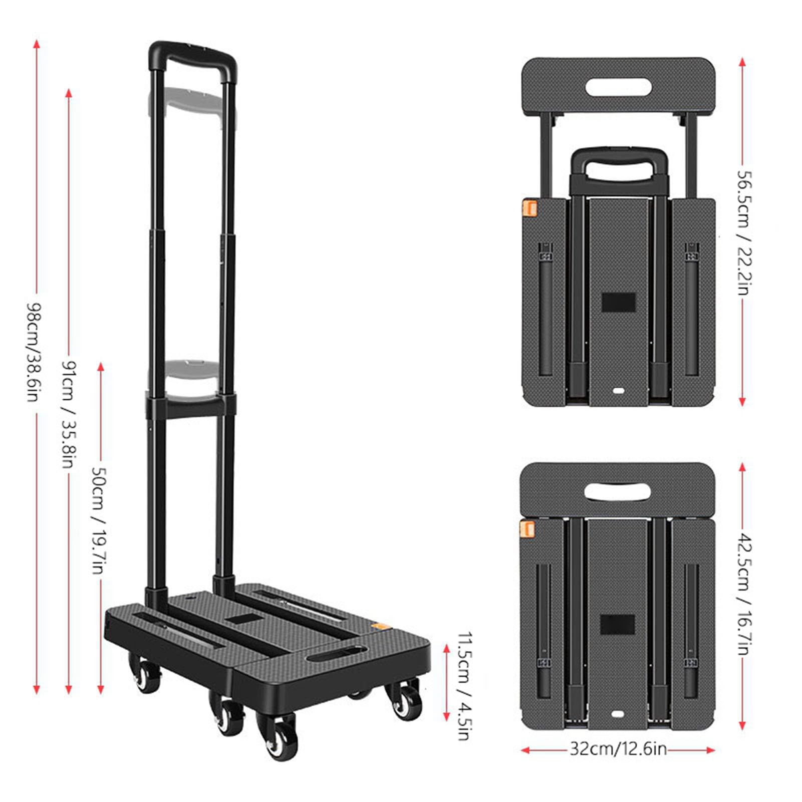 Cocoarm Carrello Pieghevole, Carrello a Pianale in ABS con 6 Ruote, capacità 500 Libbre, Piattaforma Allungabile da 17 a 22 Pollici, Freno e 2 Corde, a Mano Pieghevole per Bagagli da Viaggio,