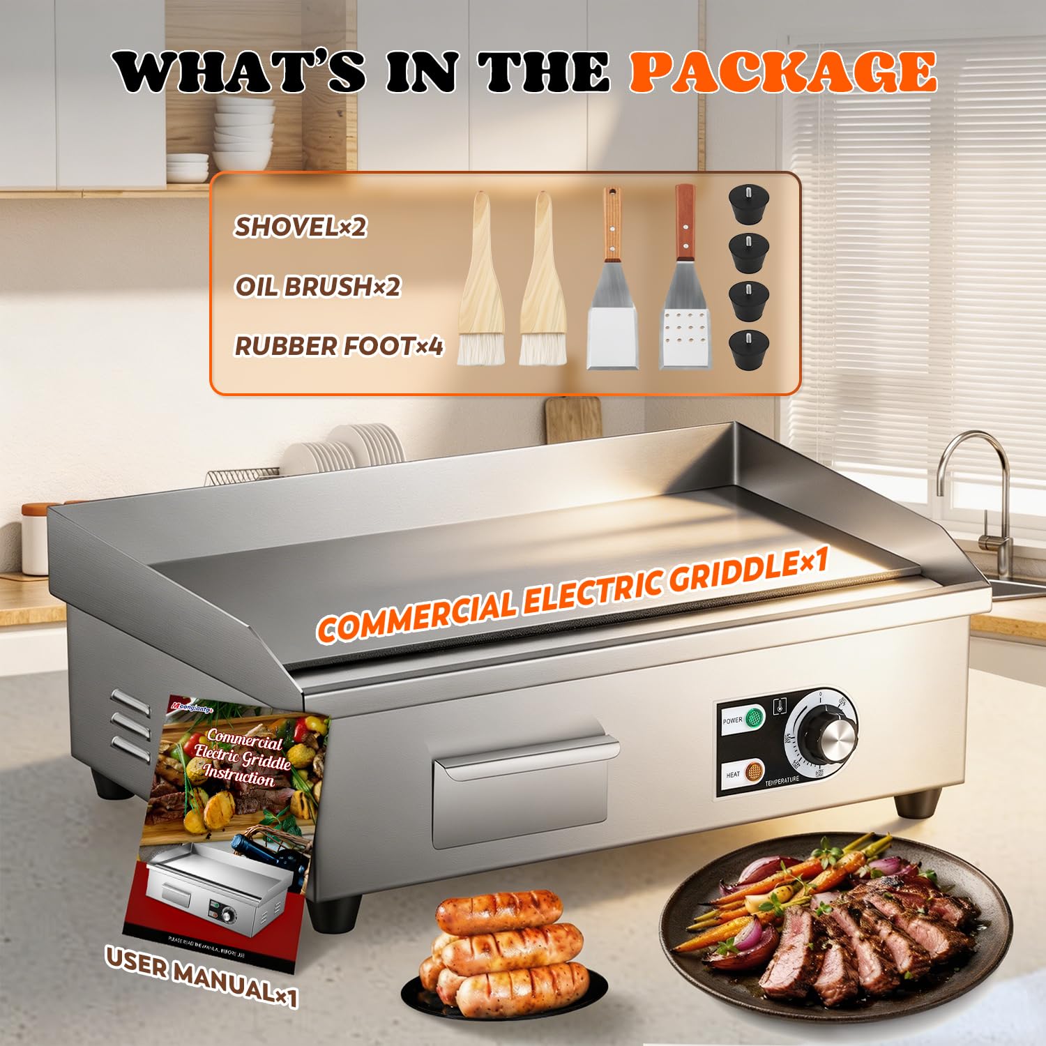 Moongiantgo Piastra Elettrica Commerciale 22" 3000W, Grill in Acciaio Inox con Scatola Olio Rimovibile e Temperatura Regolabile (0-300°C), Piastra Teppanyaki Antiaderente per Ristoranti, Cucine (22'')