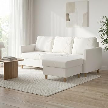3 Seater Sofas Modern Love Sofa Couch with Thick Cushions and 2 Pillows Corner Sofa with Storage and Footstool for Living Room, Bedroom, Guest Room, Grey 195 x 150 x 87 CM