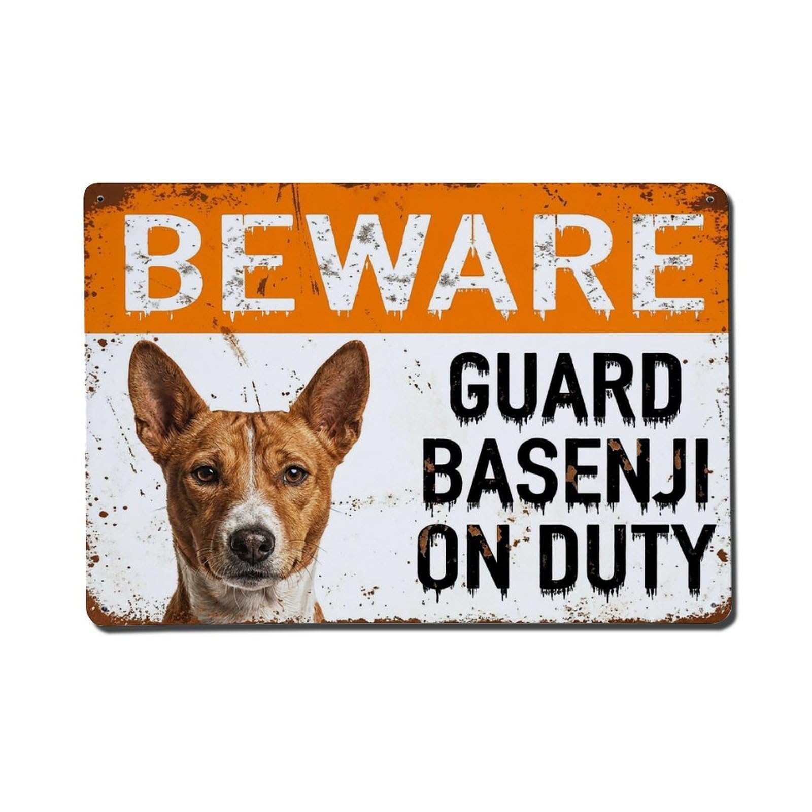 Vintage Funny Basenji Guard Beware of Dog Steps Metal Tin Sign Plaque Wall Decor for Cafe, Club Bar, Office, Garden Metal Poster 8x12Inch