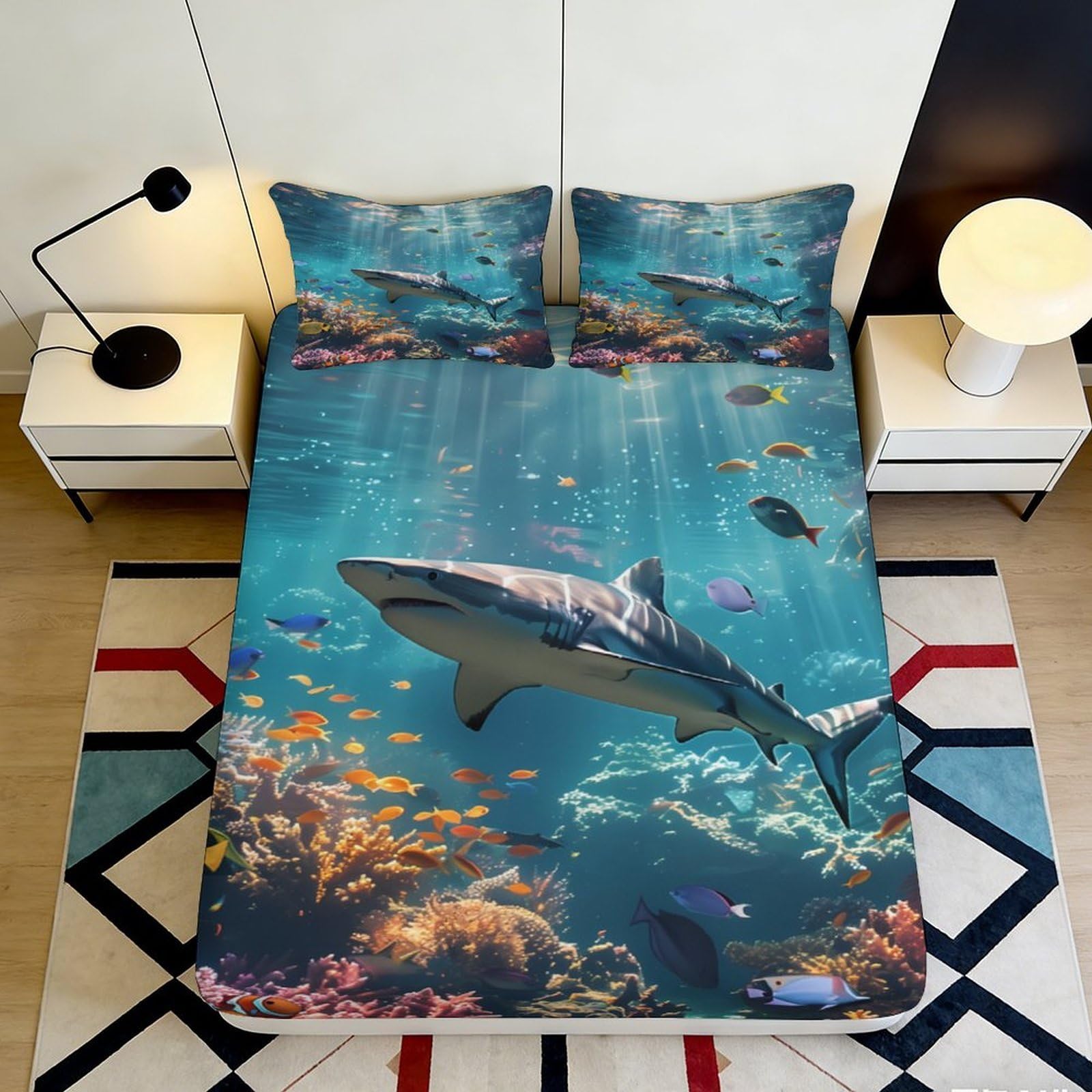 3D Printed Ocean Shark Fitted Sheet Microfiber Soft Breathable Coral Reef Bed Cover for Bedroom Guest Room Decor 90x200x25cm