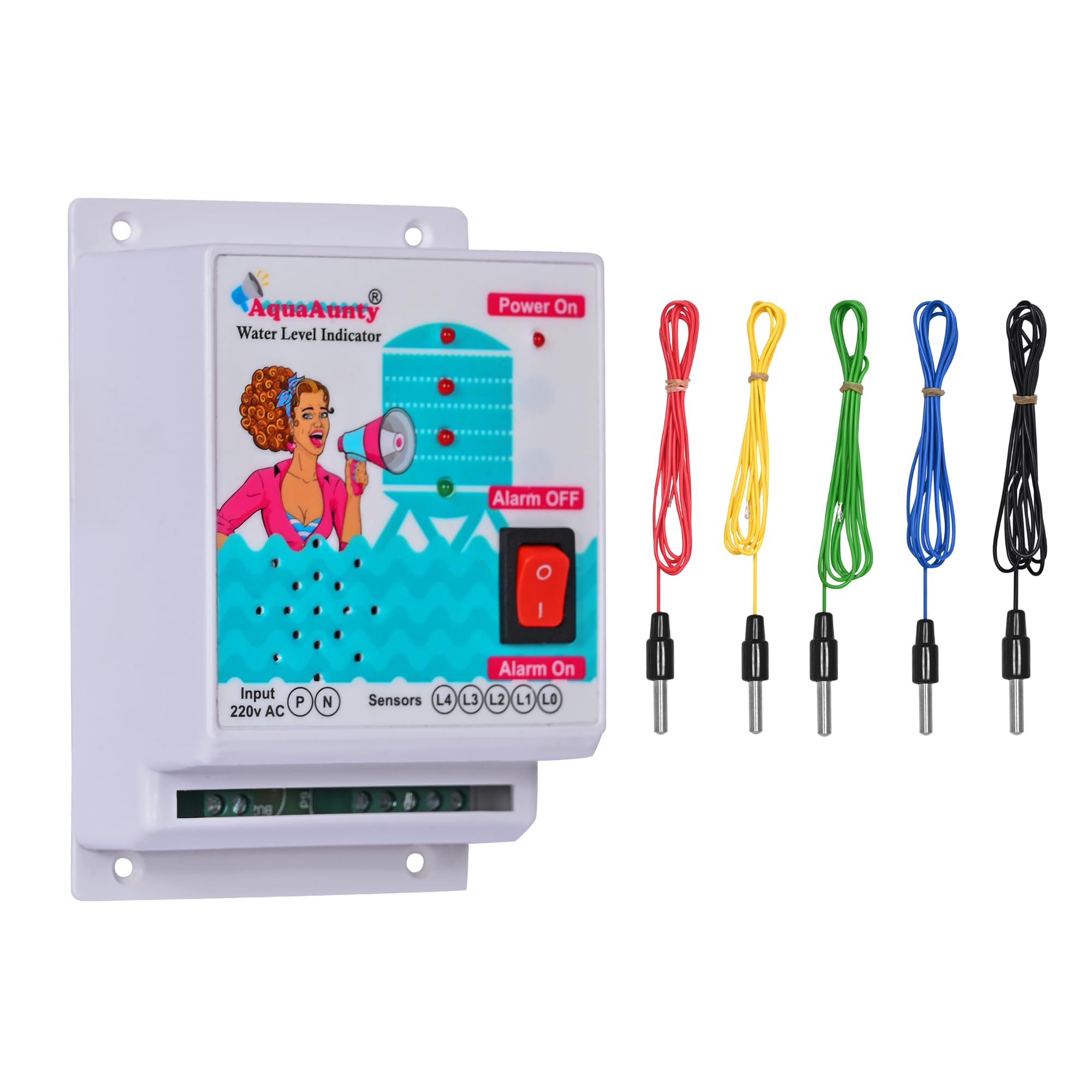 AquaAunty Water Level Indicator with Tank Full Musical Alarm, 1 Year Warranty, 4 Level Indication, Easy Videos Installation, (5 SS Sensors Included)