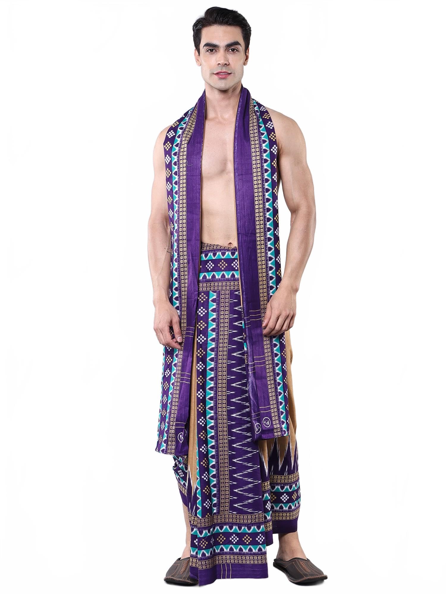 Pure Cotton Dhoti & Angavastram Set with Ikat Printed Temple Border from Sambalpuri| Men's Wear for Worship-image-48