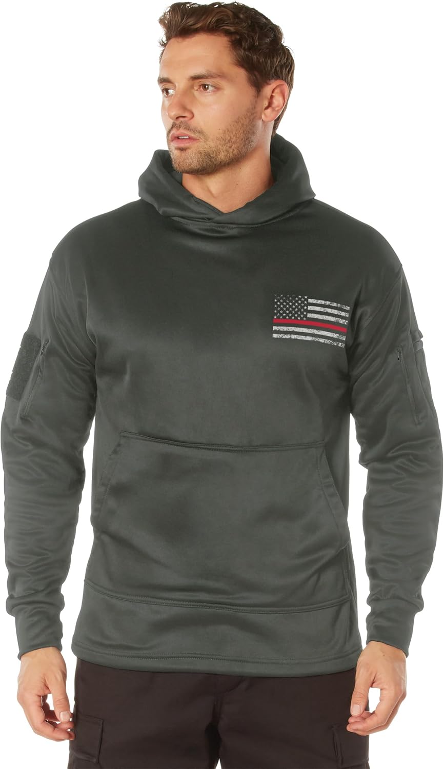 Rothco Conceal-Ops Thin Red Line Hoodie | Men’s Discrete Carry Performance Hooded Sweatshirt, Distressed American Flag Graphic Design