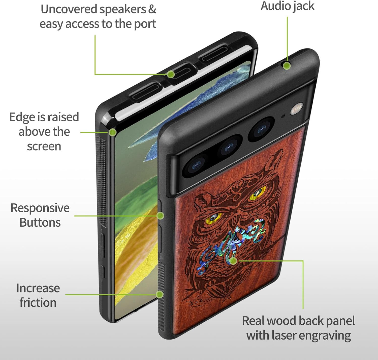 Carveit Designer Wooden Case for Google Pixel 7 Pro Case [Wood Engraving & Shell Inlay] Compatible with Wireless Chargers Pixel 7 Pro (an Owl Perched on a Branch-Rosy)