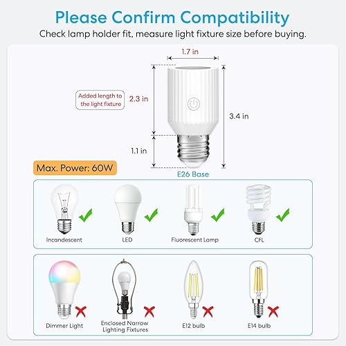 Miniatura 7 de LoraTap Adaptador de enchufe de bombilla inteligente Wi-Fi, voz para AlexaGoogle, grupo de aplicaciones Smart Life y temporizador, 60 W máximo,