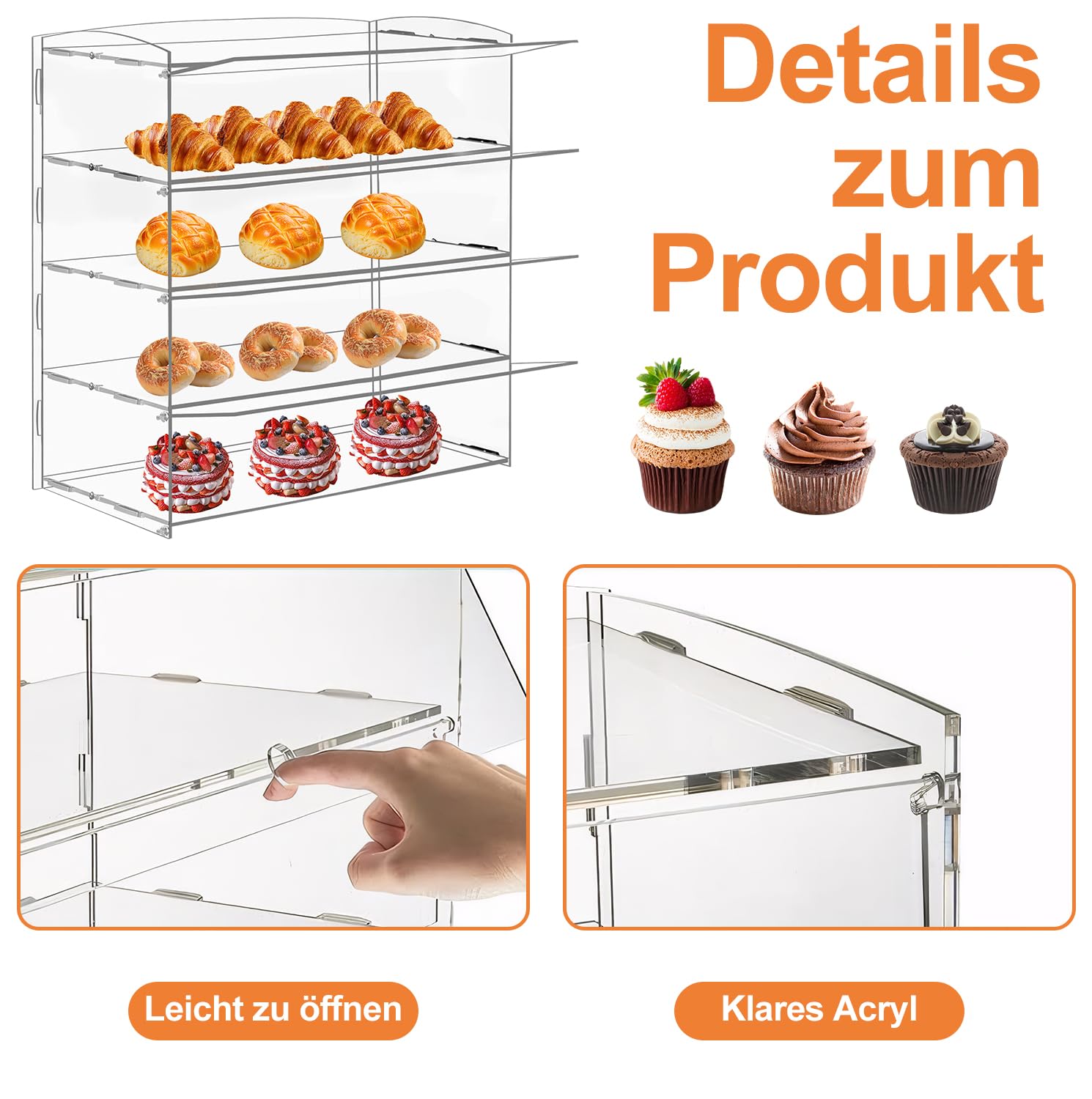 Vitrina acrílica para panadería, vitrina de pasteles, gabinete de pan transparente de 4 niveles, soporte acrílico para pan, galletas, donut, cupcakes para fiestas, eventos, tiendas, 49 x 23 x 50 cm