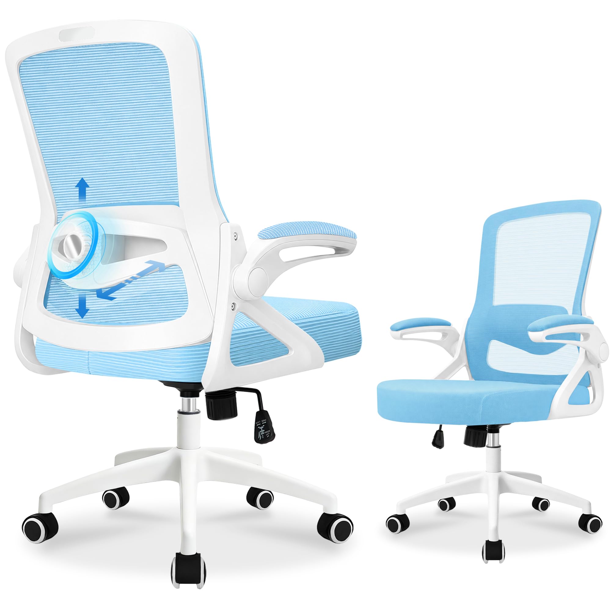 Durrafy Ergonomic Office Chair, 4D Lumbar Support Mesh Desk Chair with 90° Folding Armrests, 150kg Load Height Adjustable Computer Chair for Home Office Blue