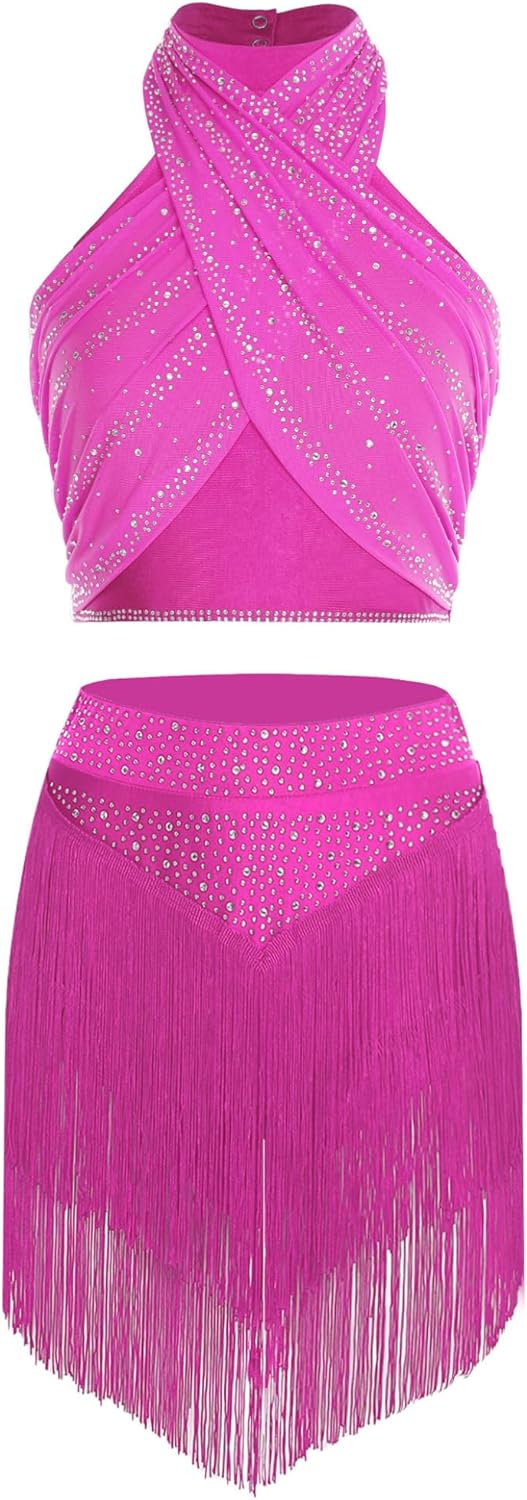 Loyan Women Latin Chacha Salsa Dance Set Shiny Belly Dance Outfits Rave Party Costume Halter Crop Top and Tassels Skirt