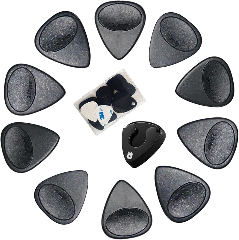 10 Pack Nylon Anti-slip Guitar Picks with Organizer Box & Pick Holder | Black Nylon Picks in Medium Heavy Extra-Heavy Gauges, 0.9mm 1.5mm 1.8mm 2.0mm 2.3mm for Electric Bass Acoustic Guitars