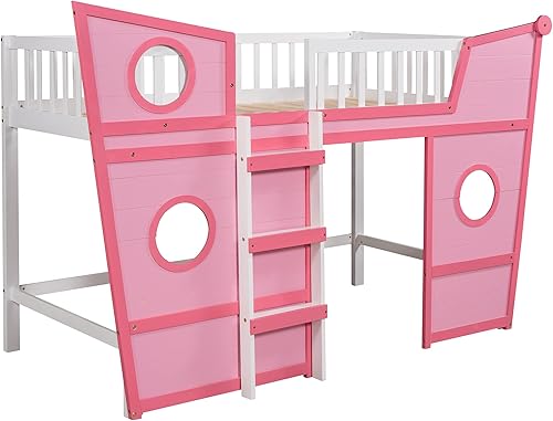 Miniatura 4 de OYN Marco de cama tipo loft en forma de barco de tamaño individual con escalera y ventanas redondas marco de cama de madera maciza con espacio de