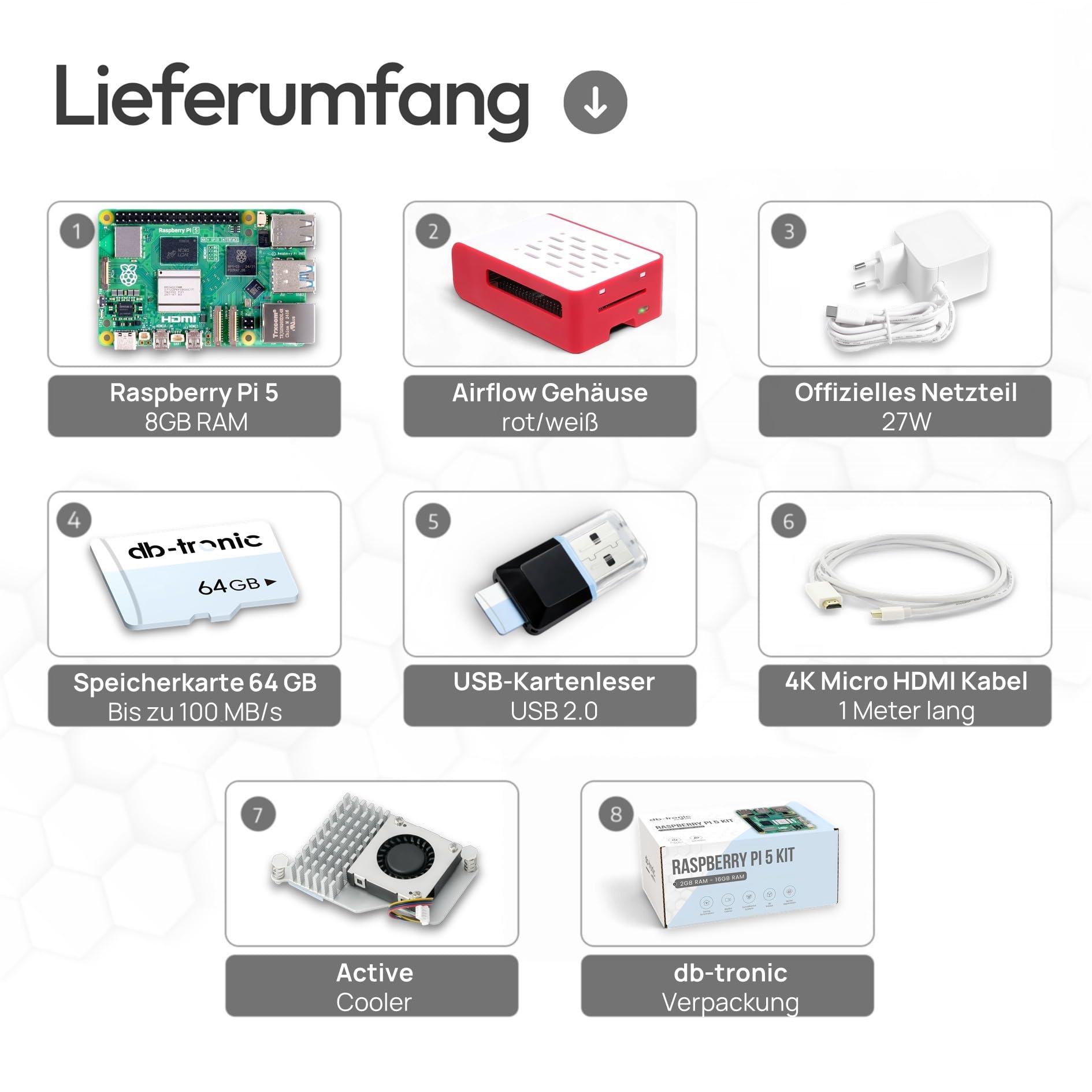 db-tronic Starter Kit para Raspberry Pi 5 8 GB | Edición 64 GB | Alimentación 27 W | Carcasa Airflow | Refrigeración Activa | Micro HDMI 4K | Ideal para Home Assistant y el Smart Home