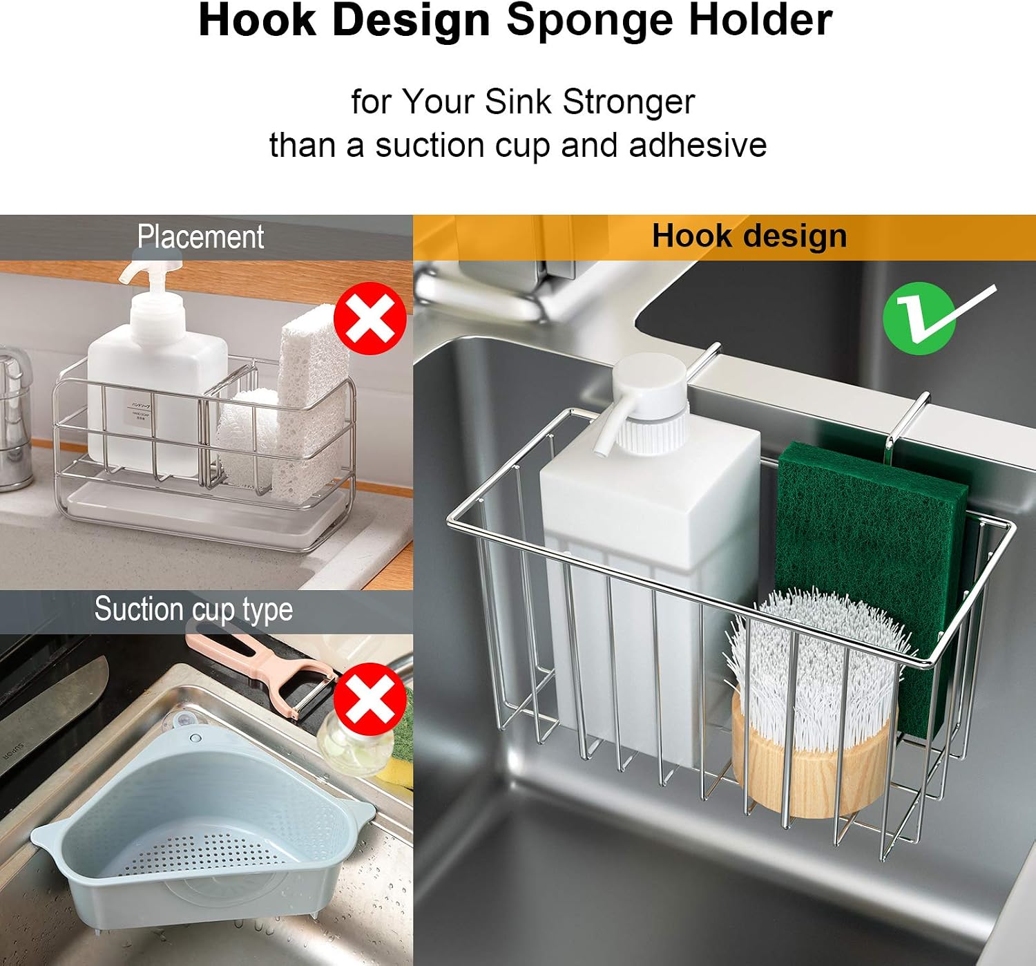 Dullrout Kitchen Sink Sponge Holder, Super Sturdy Hooked Design Kitchen Sink Caddy Organizer for Dish Cloth, Soap Dishwashing Liquid Drainer, Rustproof & Durable