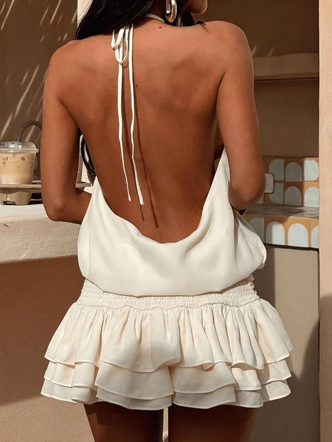 Women Trendy Y2k Ruffle Trim Halter Mini Dress Sexy Off Shoulder Backless Tie Summer Going out Ruched Short Dress
