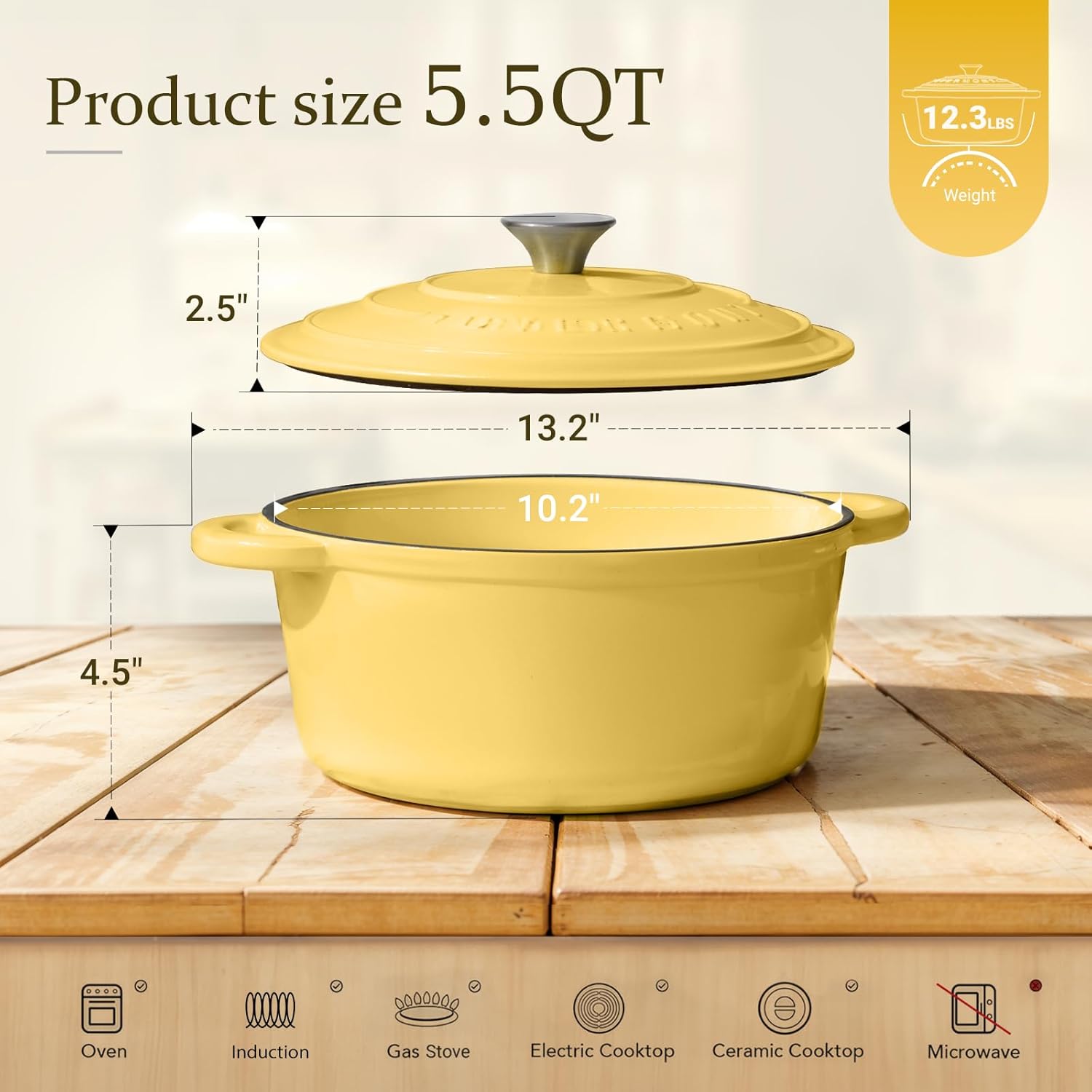 Overmont Enameled Cast Iron Dutch Oven - 5.5QT Pot with Lid Cookbook & Cotton Potholders - Heavy-Duty Cookware for Braising, Stews, Roasting, Bread Baking Goose Yellow - Image 5