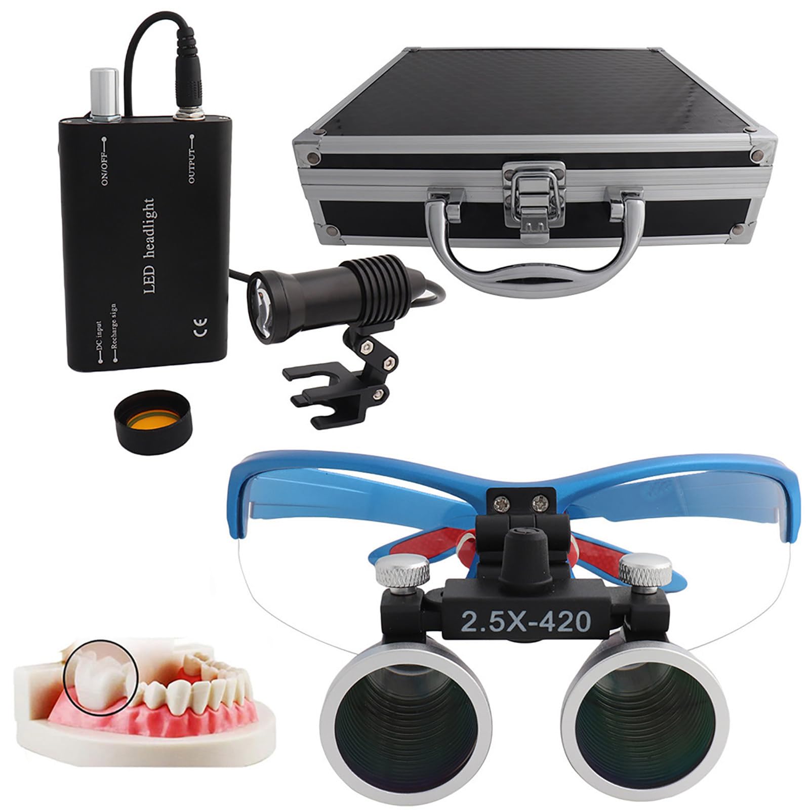 Lupa Binocular Dental, Lupa De Cabeza De 2,5X/3,5X, con Linterna Frontal Led De 5W, Lupa De Precisión para Laboratorio, Distancia De Trabajo De 320-420mm Blue-2.5X