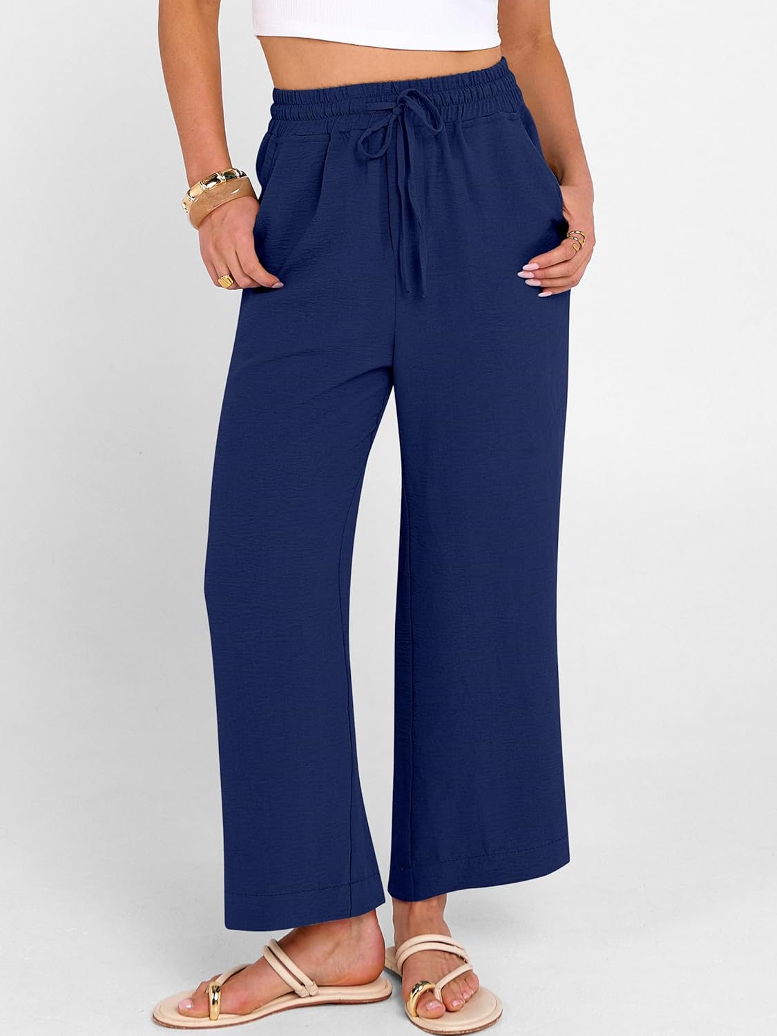 ANRABESS Women Wide Leg Capri Pants Summer Palazzo High Waisted Casual Loose Lounge Flowy Cropped Beach Trousers Work Outfits - Image 2