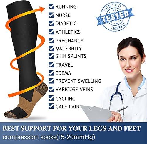 Miniatura 73 de Calcetines de compresión y circulación para mujer y hombre (3 pares), para enfermería, correr, viajar, calcetines hasta la rodilla