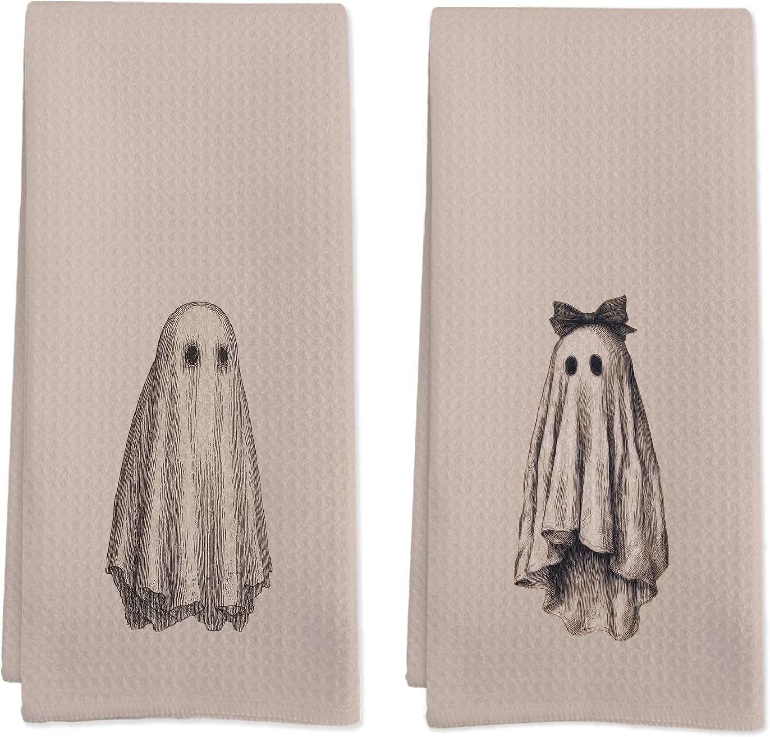 Vintage Halloween Ghost Kitchen Towels Set of 2, Cute Spooky Ghosts Decorative Hand Tea Towels for Bathroom Kitchen, Beige Minimalism Ghost Bow Ghosts Dish Towel, 16×24 in