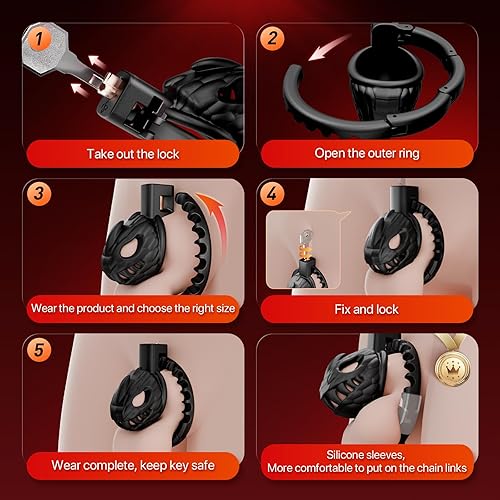 Miniatura 5 de Jaula de castidad masculina, dispositivo de castidad grande y ligero con 8 tamaños ajustables y bloqueo invisible, engranaje de bondage y