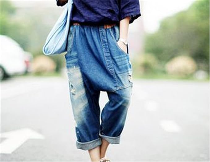 Amazon Patrickcainレディースコットンくるぶし丈ジーンズ個性ゆったりボーイフレンド穴ハーレムデニムパンツウエストゴムwashed Jean Cross Pants Us サイズ One Size ジーンズ 通販