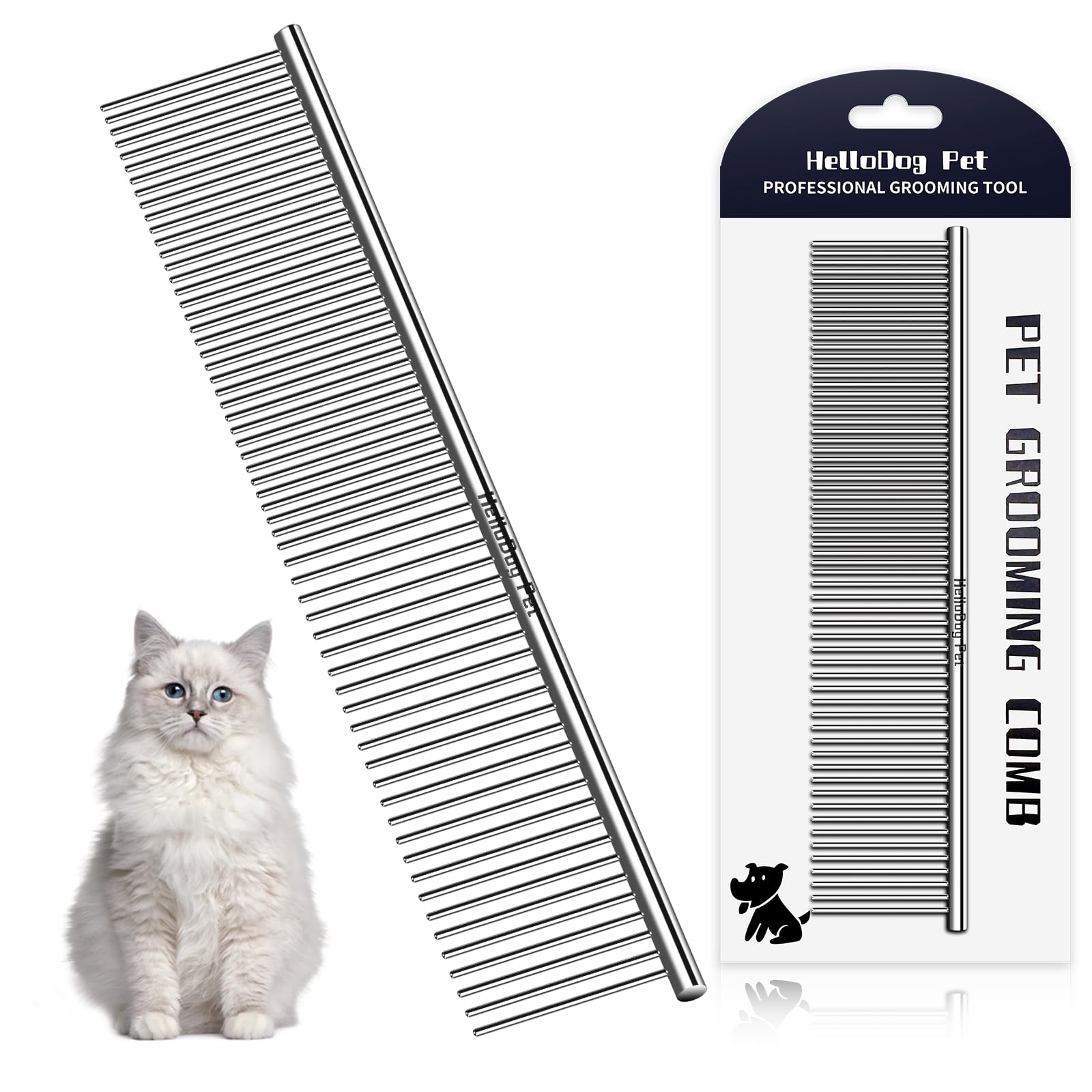 Dog Cat Combs for Grooming, Large Steel Dog Comb for Removing Tangles and Knots, Professional Grooming Comb for Long Haired Dog, Cat & other pets- HelloDog Pet