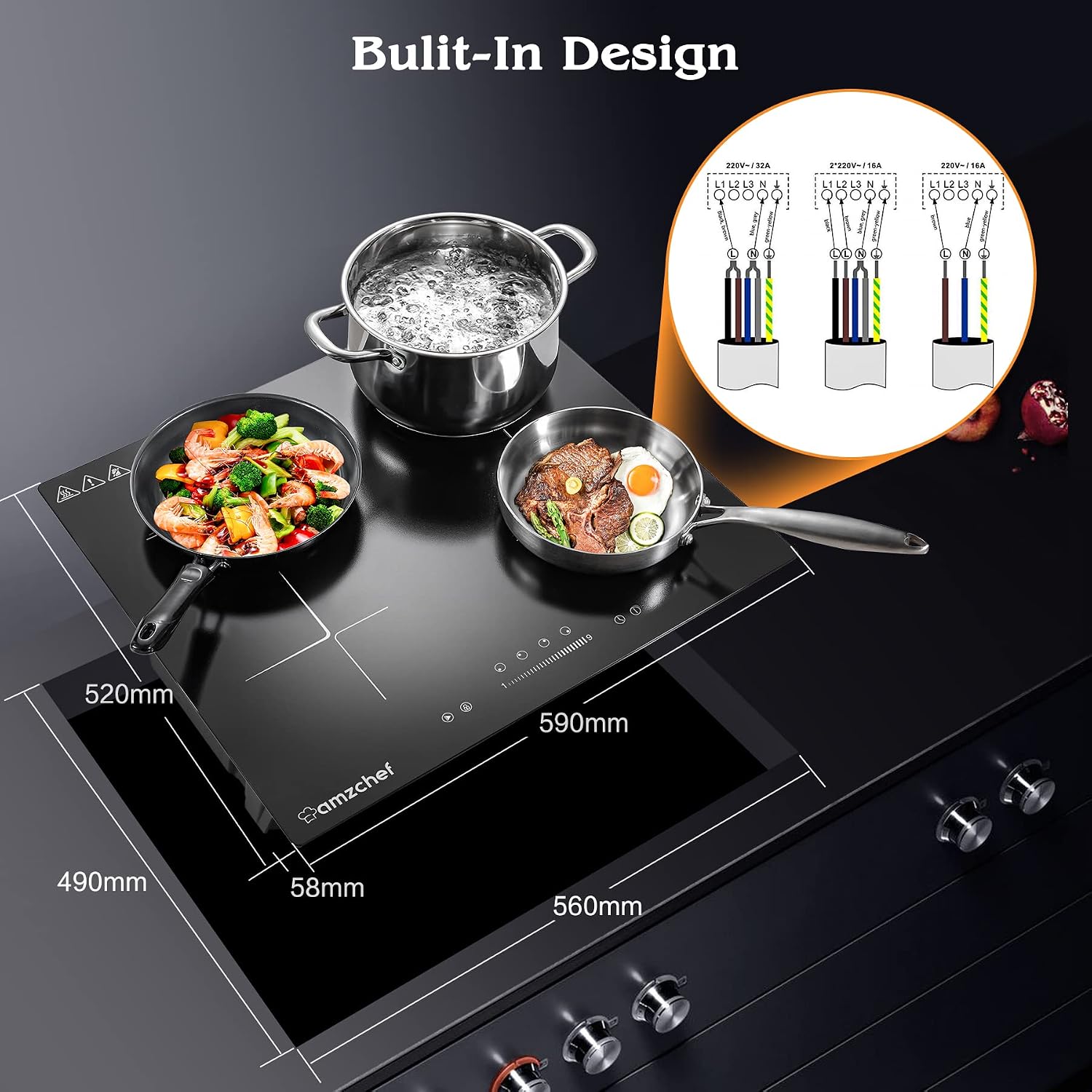 Diagram showing the built-in dimensions of the AMZCHEF induction cooktop and electrical wiring options.