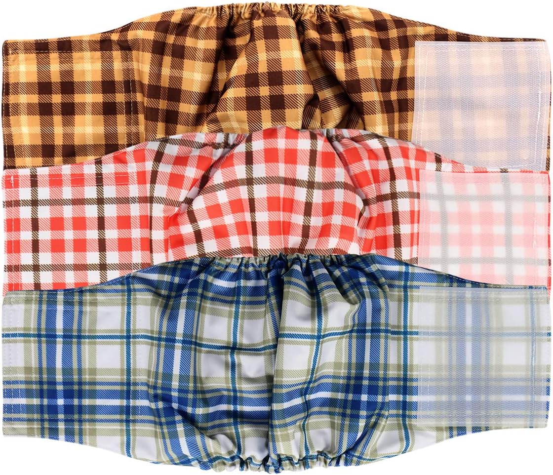 Reusable Male Dog Diaper, Washable Dog Belly Band, Durable and Absorbent Cloth Doggie Belly Wrap (Pack of 3)-Colorful Plaid, M