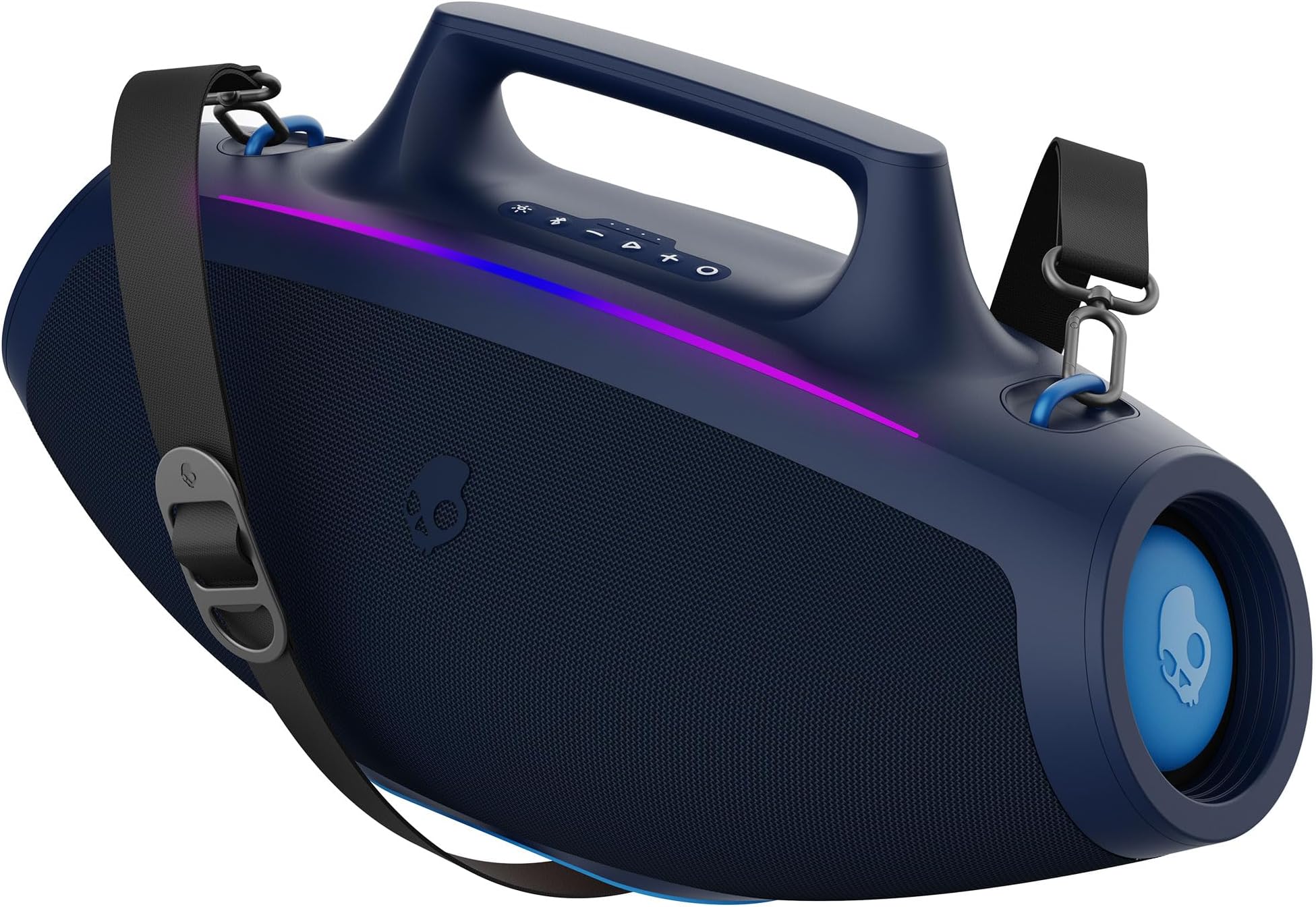 Skullcandy Barrel Bluetooth Boombox Speaker – Water-Resistant Wireless Portable Speaker, with LED Lightshow Mode, 12 Hour Battery, Multi-Link, & USB-C & USB-A Output Charging (Navy)