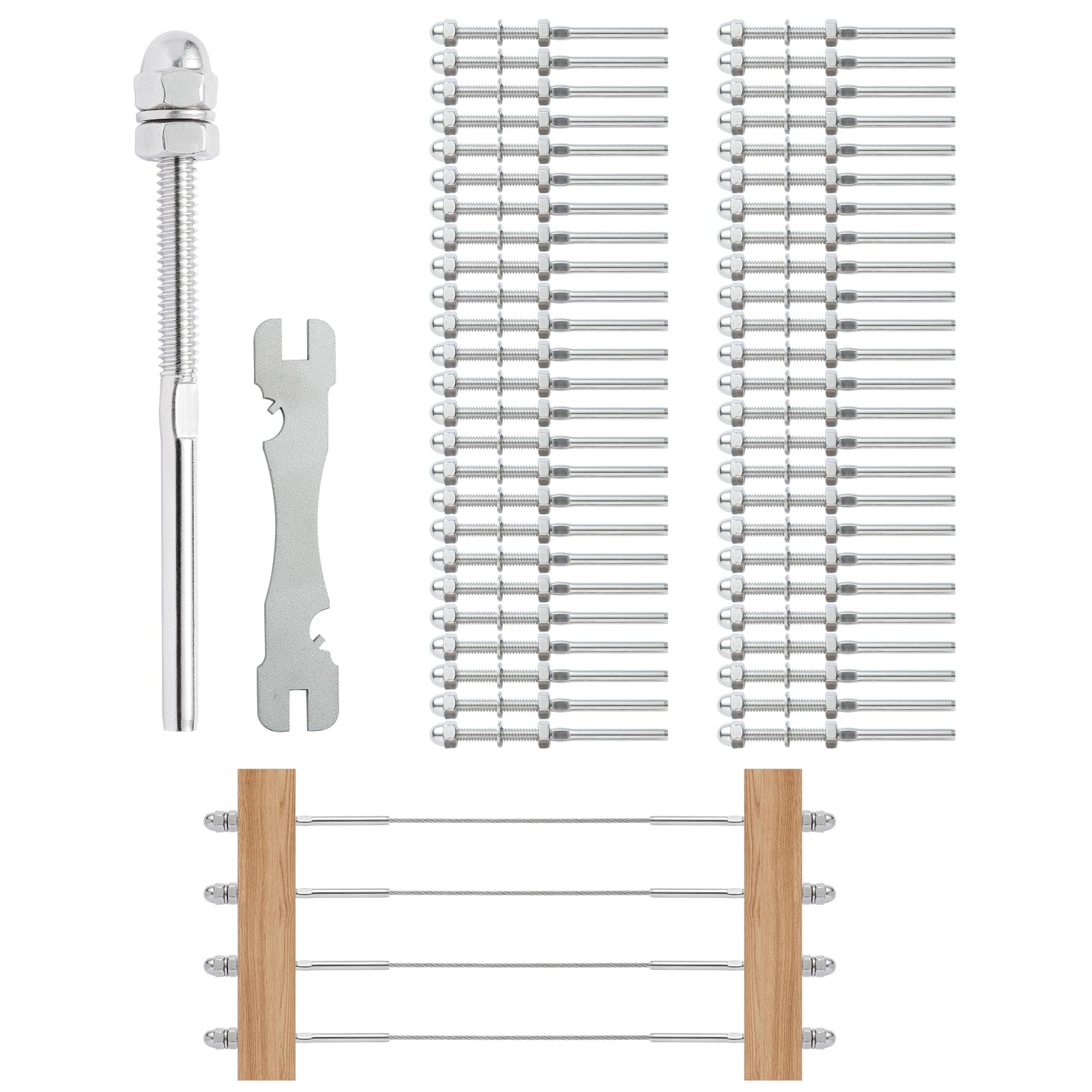 VEVOR 61 Pezzi Terminale di Raccordo per Tensione con Perno Filettato da Ponte da 1/8", Acciaio Inossidabile T316, Tenditore per Ringhiera per Cavi da 1/8" per Pali in Legno/Metallo, Argento