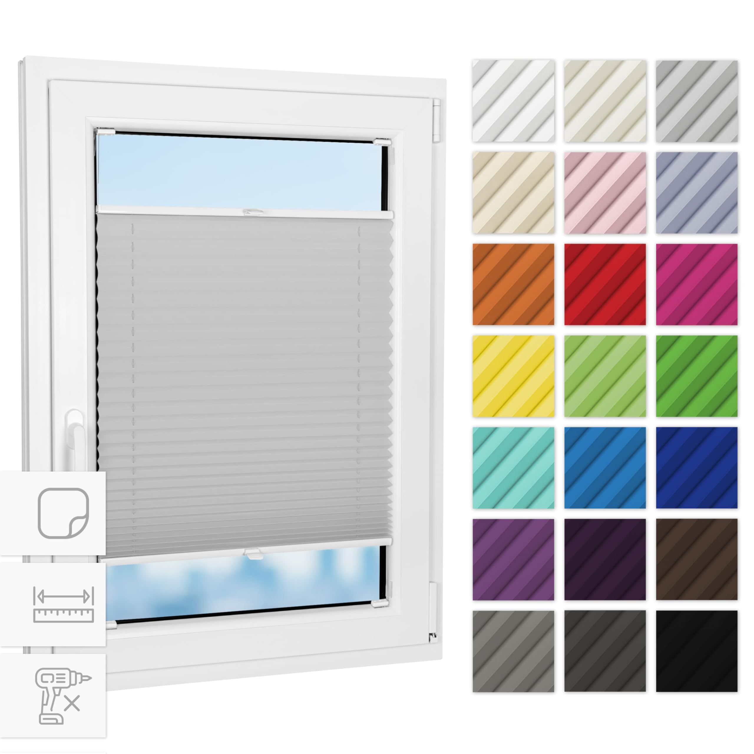 Estika Tenda plissettata con fissaggio adesivo senza forare - 60 x 150 cm - Grigio chiaro - per interni, per finestre, tessuto semi-trasparente, protezione solare