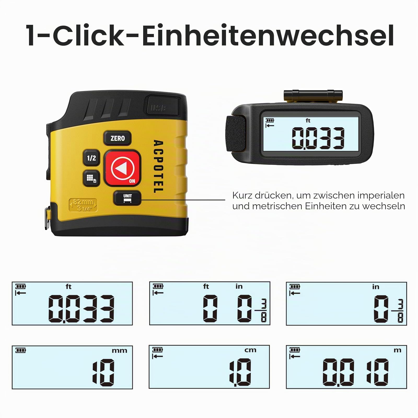 ACPOTEL DT20 Digitales Maßband 5M – 6 metrische & imperiale Einheiten, einstellbares einziehbares Digitalmessband mit Bruchanzeige 1/16, wiederaufladbares Messgerät für Entfernung/Fläche/Volumen, Gelb