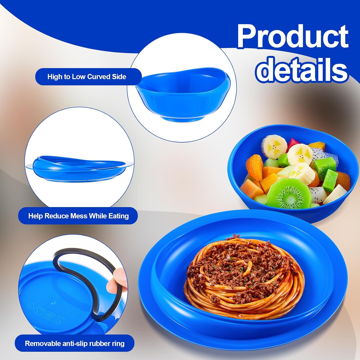 4 Pcs Adaptive Spill Proof Scoop Plates and Bowls with Non Skid Bottom High-Low Adaptive Dish Disabled Self Feeding Dinnerware for Elderly Disabled Handicapped Parkinsons Dementia Stroke Tremor(Blue)