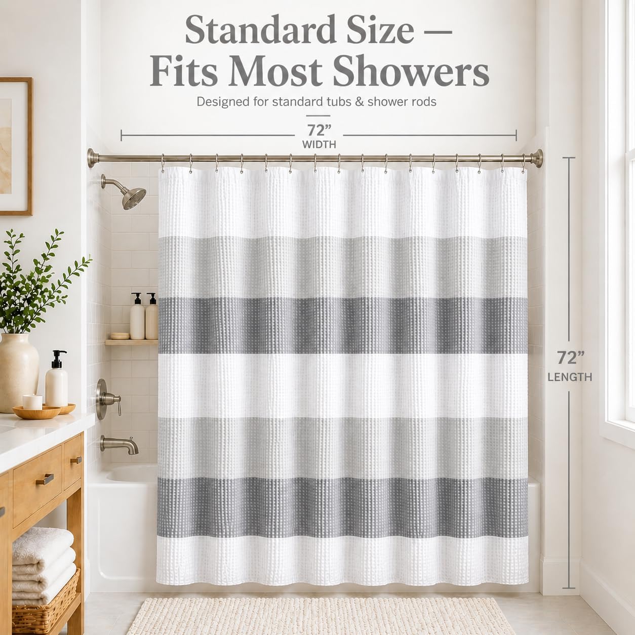 Dainty Home Ombre Waffle Weave Shower Curtain 70 x 72 Grey Textured Fabric Shower Curtain, Hotel Style Waffle Weave Bathroom Curtain, Water Resistant Polyester Ombre Shower Curtain