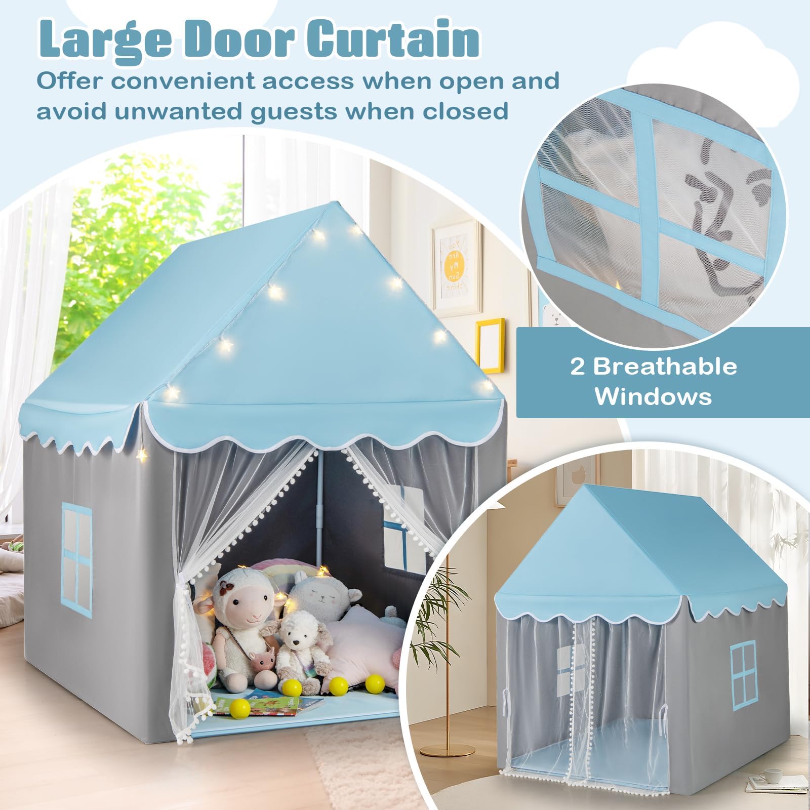 HOMASIS Tenda da Giochi per Bambini, Casetta per Bambini Interna con Tappeto Lavabile e Luci a Forma di Stella, Casa Giochi con Porta e Finestre, 105 x 121 x 136 cm (Blu)