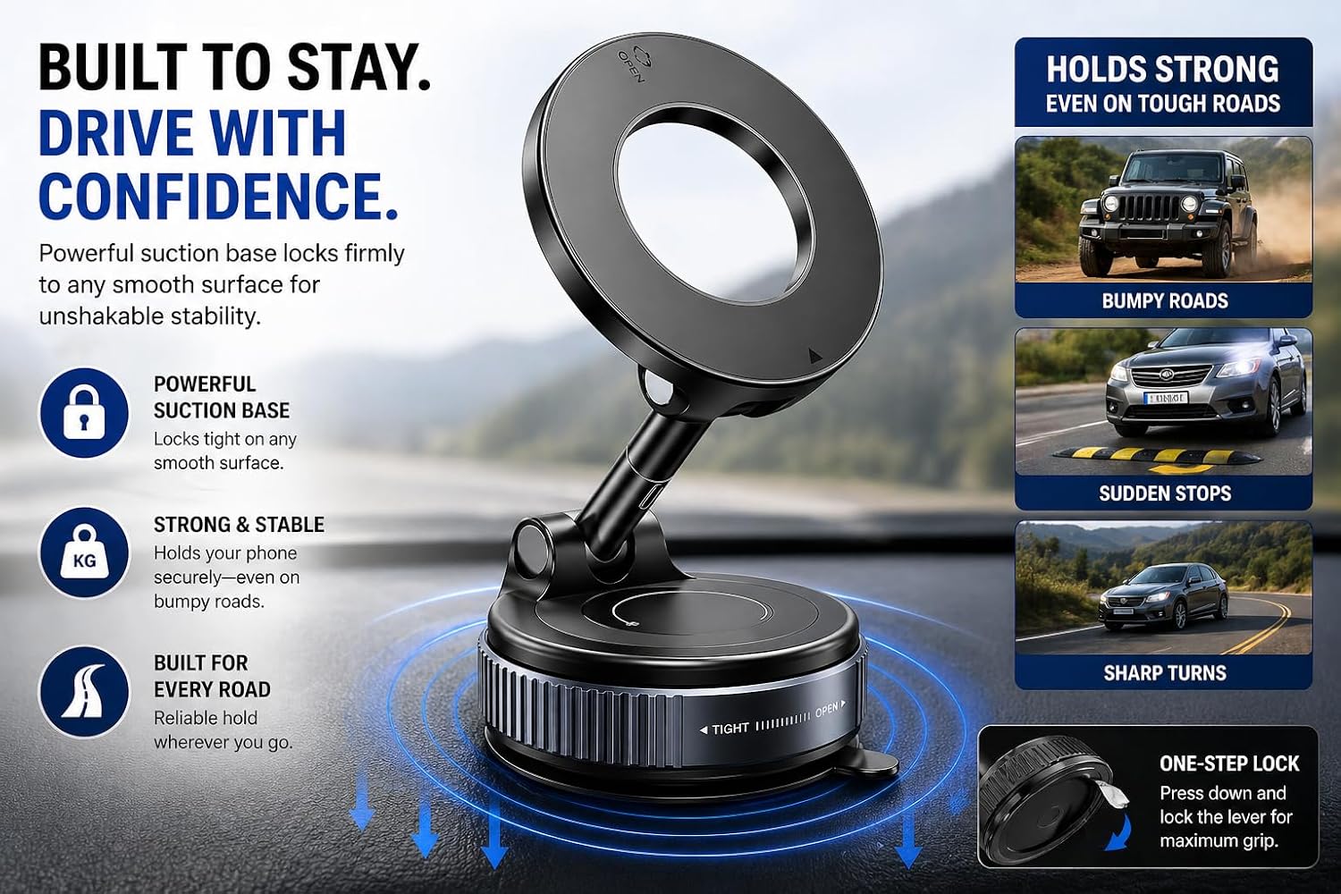Car Phone Holder Mount, Vacuum Magnetic Suction Cup for Dashboard & Windshield, 360° Adjustable Phone Holder for Car, MagSafe Compatible, USB-C Cable Included, iPhone & Android