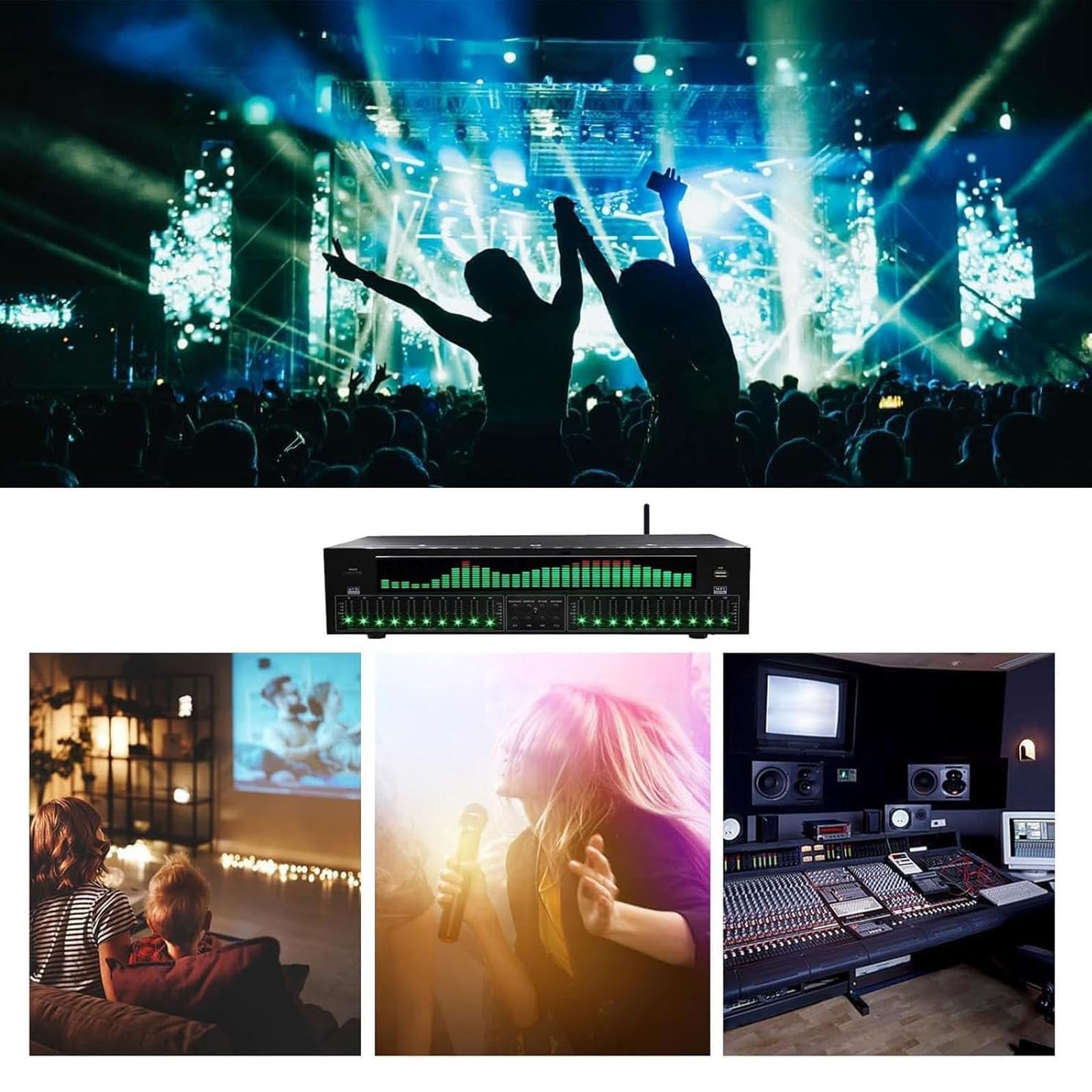 Égaliseur audio professionnel 31 bandes avec réduction du bruit, affichage du spectre dynamique, 12 modes de rythme et télécommande pour concerts et studios d'enregistrement