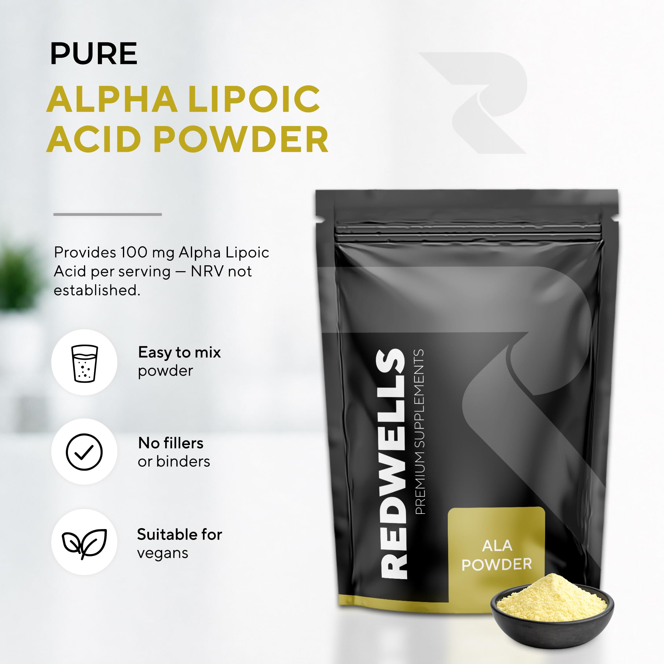 Acide alpha-lipoïque poudre REDWELLS Antioxydant & Vegan - 250g Paquet